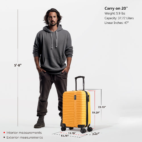 Man standing next to a yellow suitcase with measurements displayed