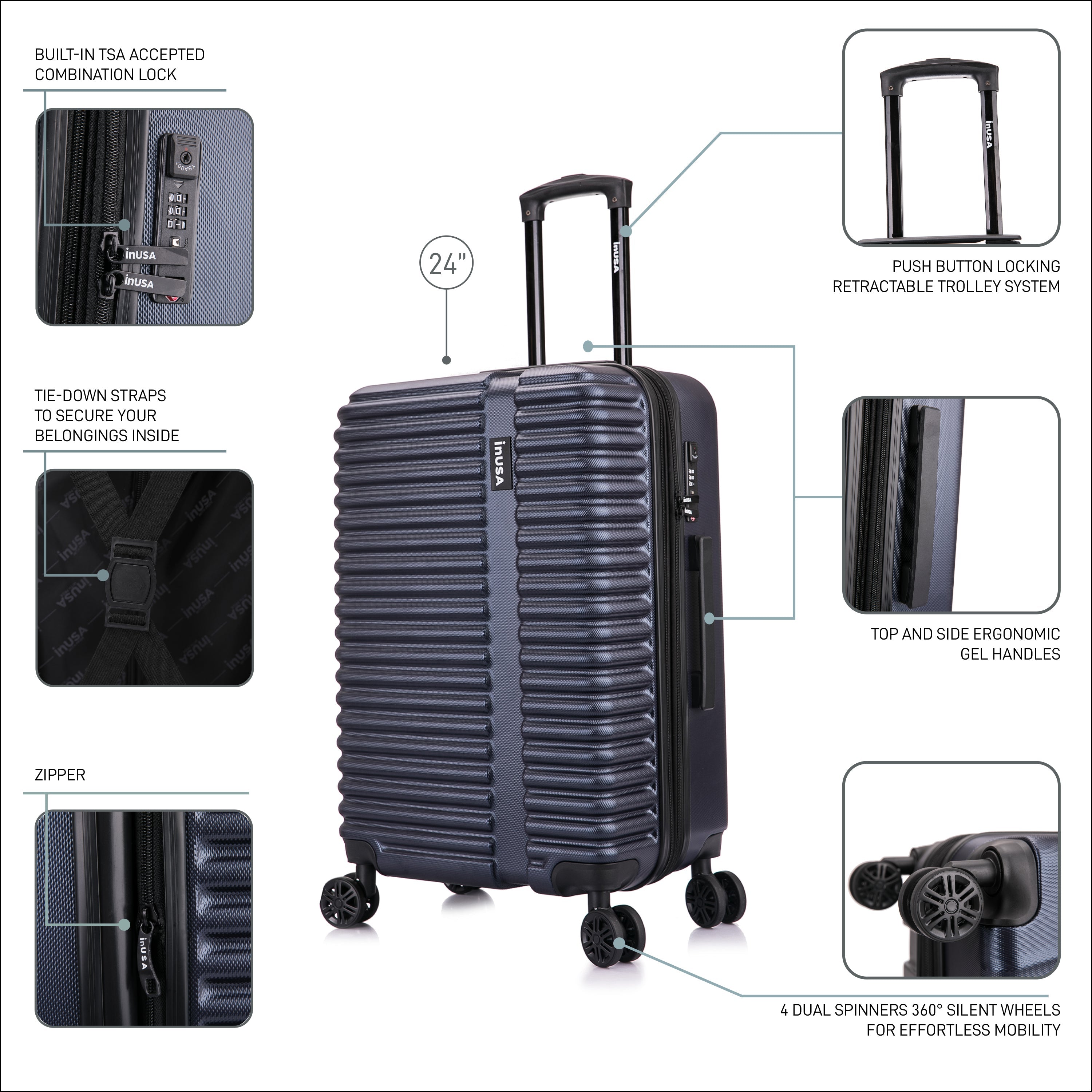 Black suitcase with features highlighted on a white background