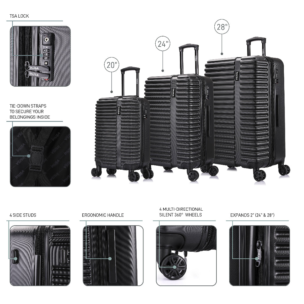 Black luggage set with features highlighted on a white background