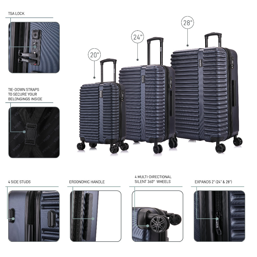 Set of black suitcases with features highlighted on a white background