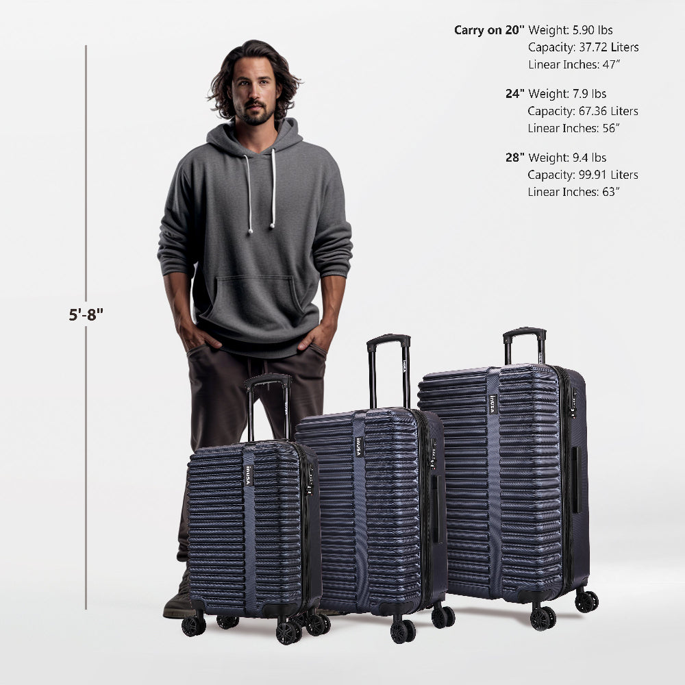 Man standing next to three suitcases with size and weight information displayed.