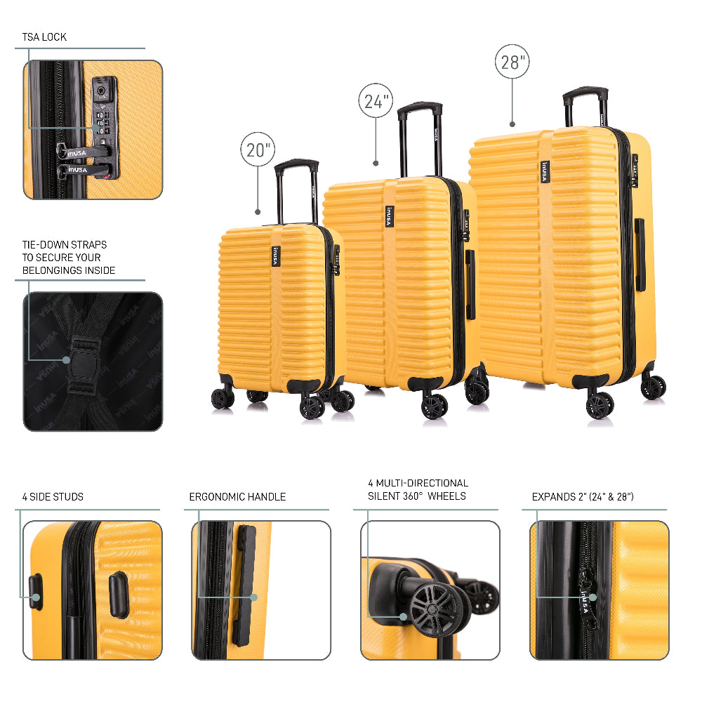 Yellow suitcase with features highlighted on a white background