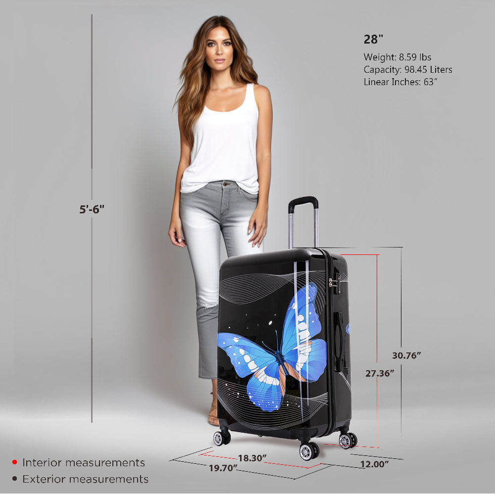 Woman standing next to a suitcase with butterfly design, showing measurements and specifications.
