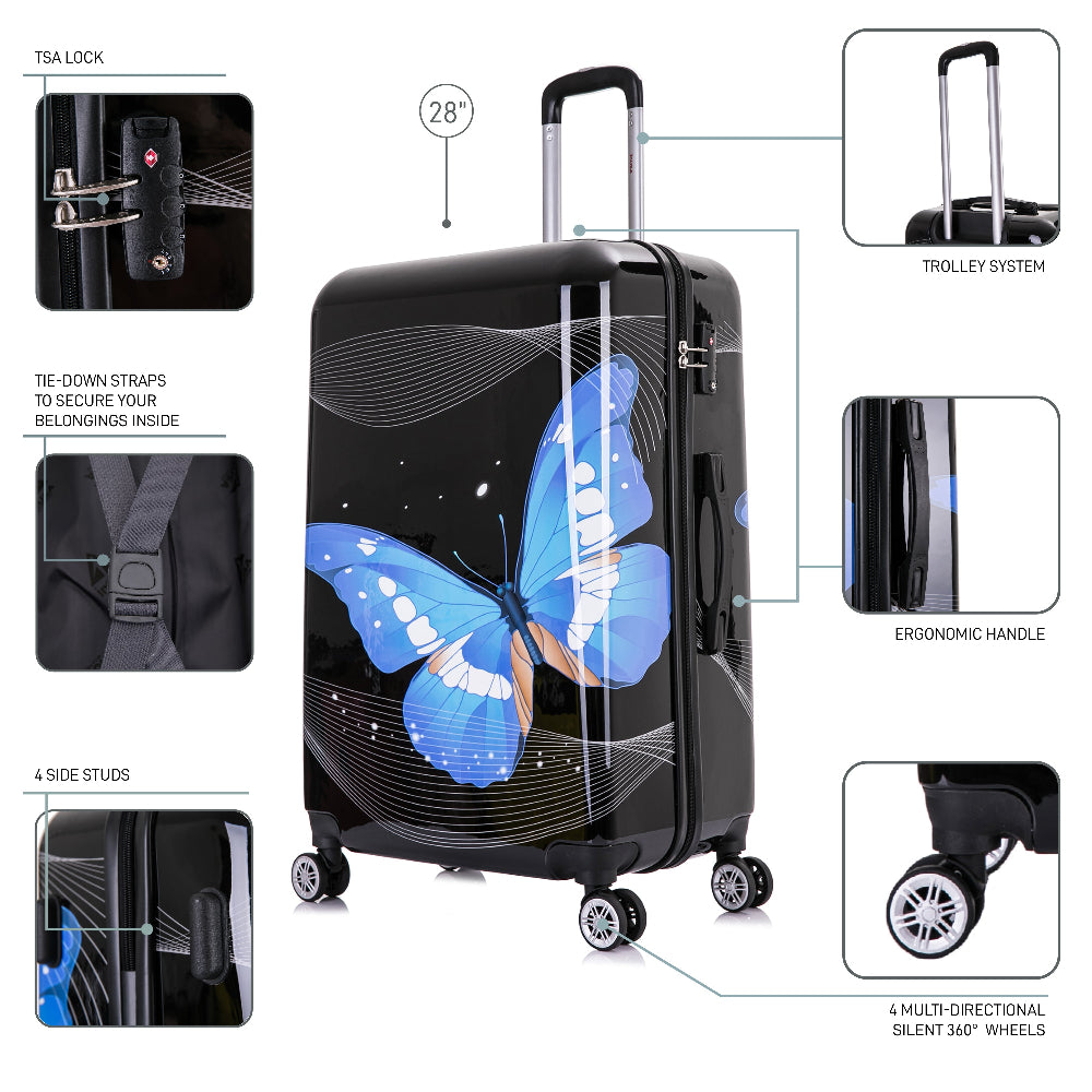 Black suitcase with blue butterfly design, featuring various compartments and features on a white background.