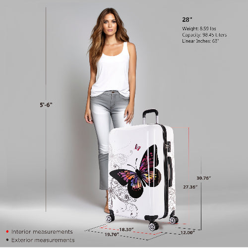 Woman standing next to a suitcase with butterfly design, showing measurements on a gray background