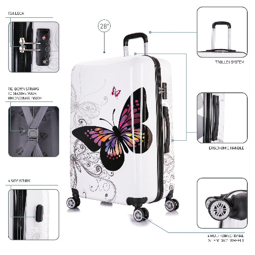 White suitcase with butterfly design, featuring multiple product details on a white background.