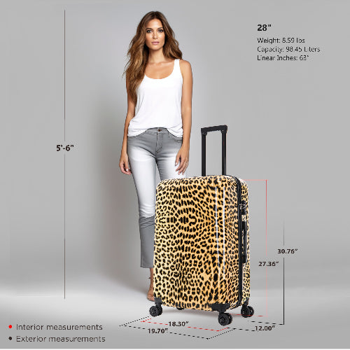 Woman standing next to a leopard print suitcase with measurements displayed