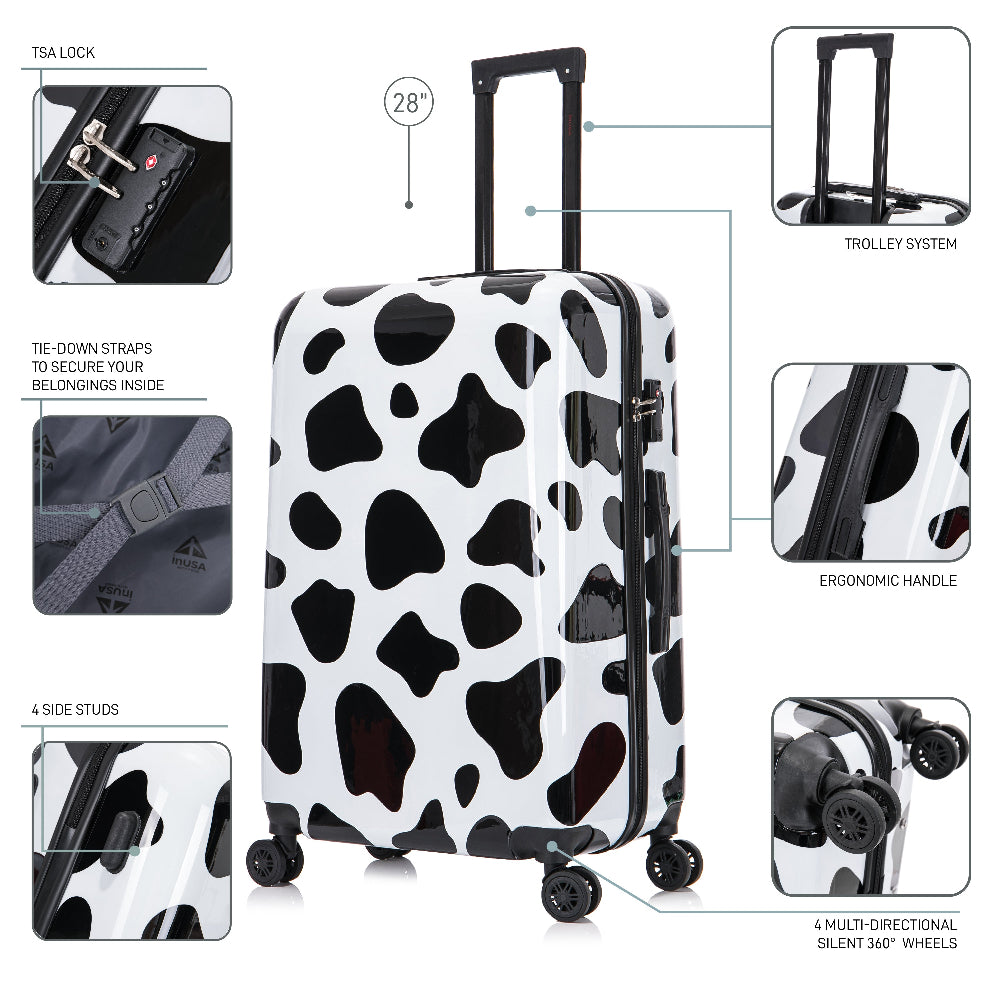 White suitcase with black cow print design, featuring various product details on a white background.