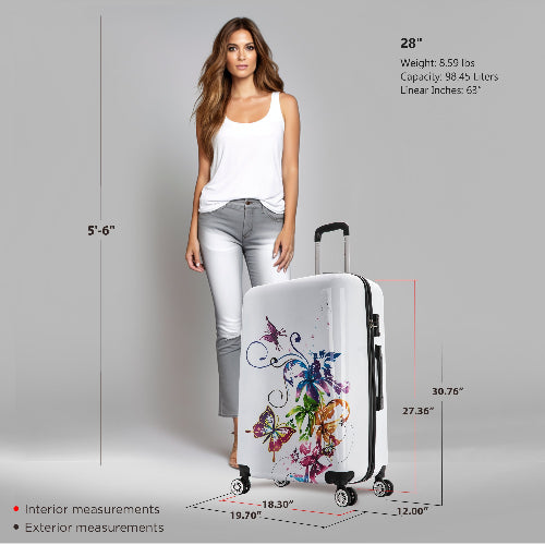 Woman standing next to a floral-patterned suitcase with measurements displayed.