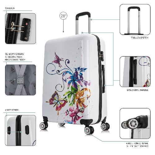 White suitcase with butterfly design, featuring various product features on a white background.