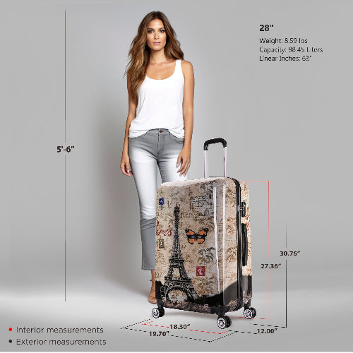 Woman holding a patterned suitcase with measurements displayed