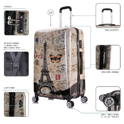 Travel suitcase with Eiffel Tower design and features highlighted