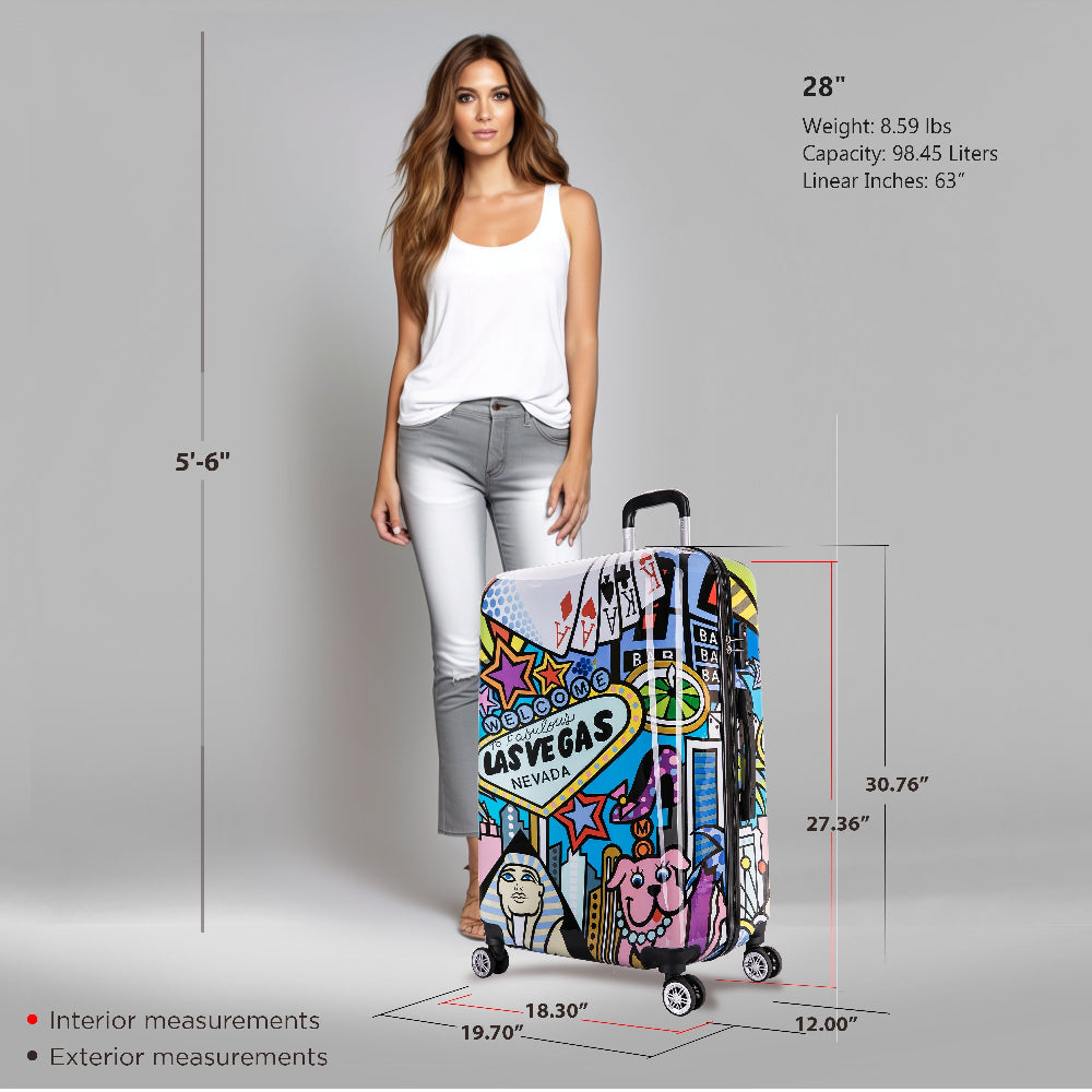 Woman holding a colorful suitcase with measurements displayed
