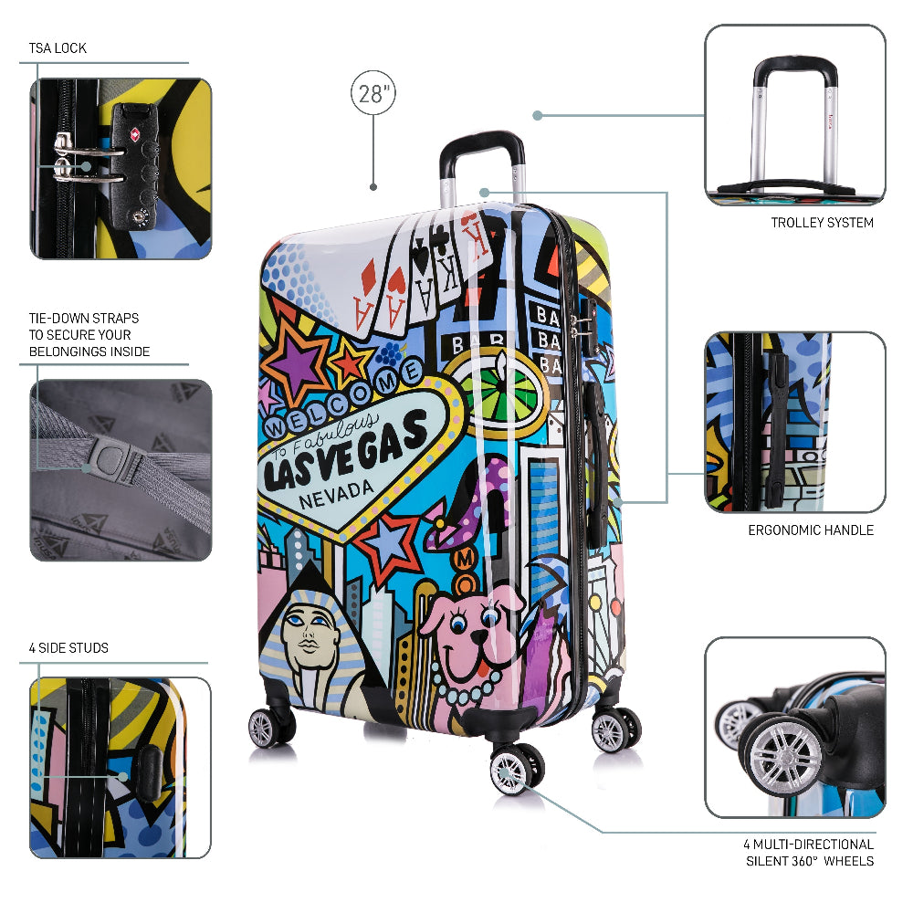 Colorful suitcase with Las Vegas-themed design, featuring various compartments and features.
