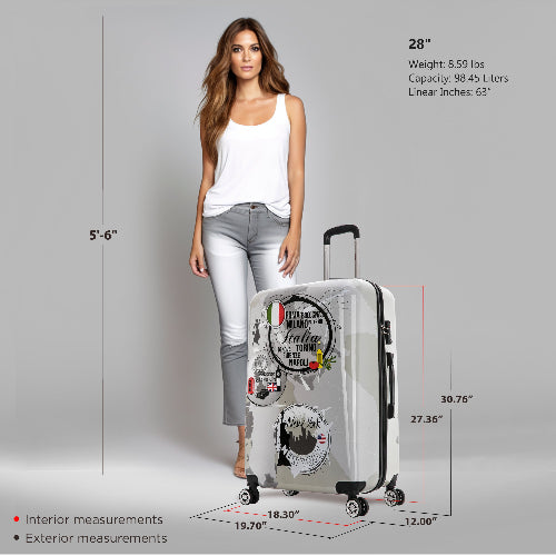 Woman standing next to a suitcase with measurements and details on a gray background