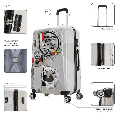 Luggage with various features highlighted on a white background