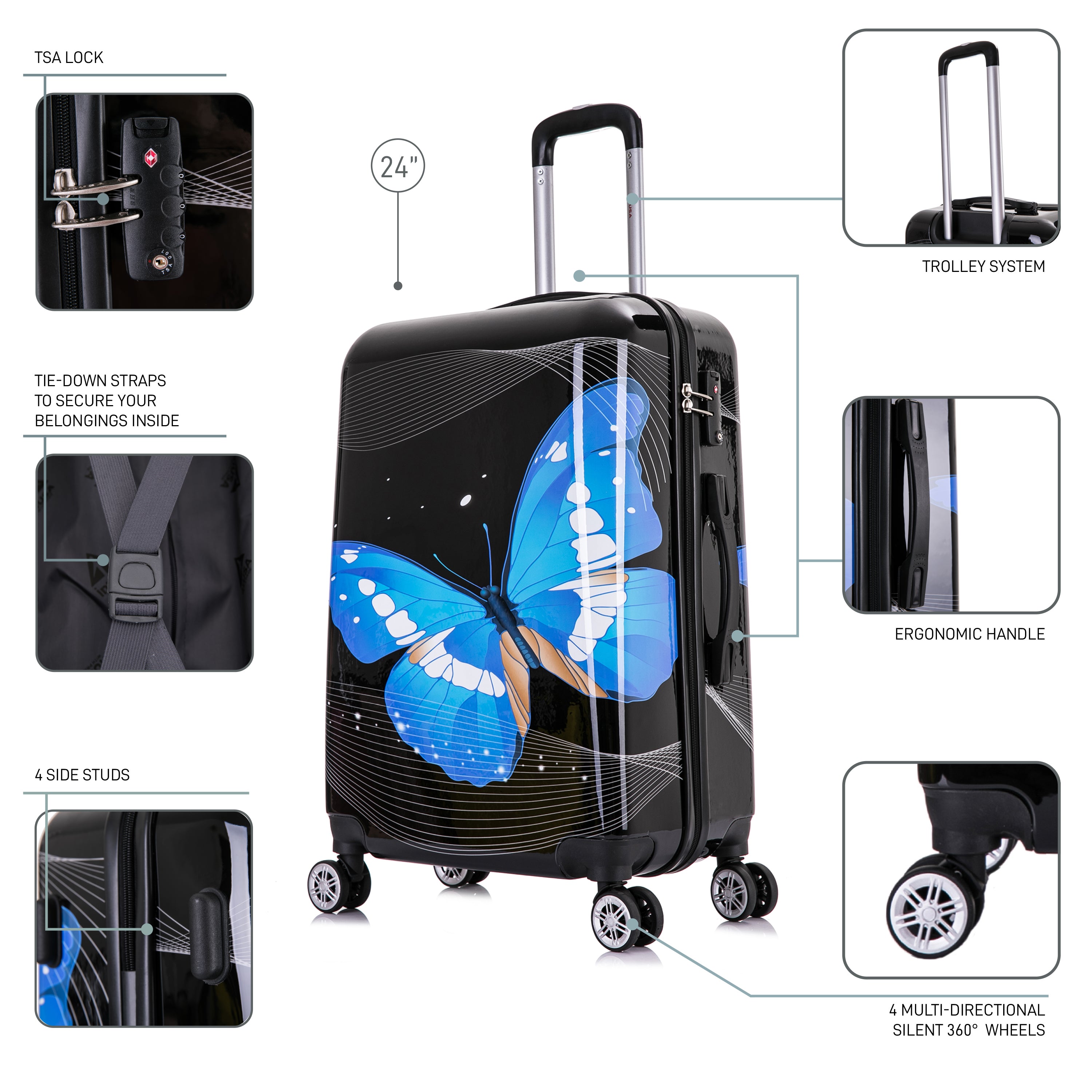 Black suitcase with blue butterfly design, featuring various compartments and features on a white background.
