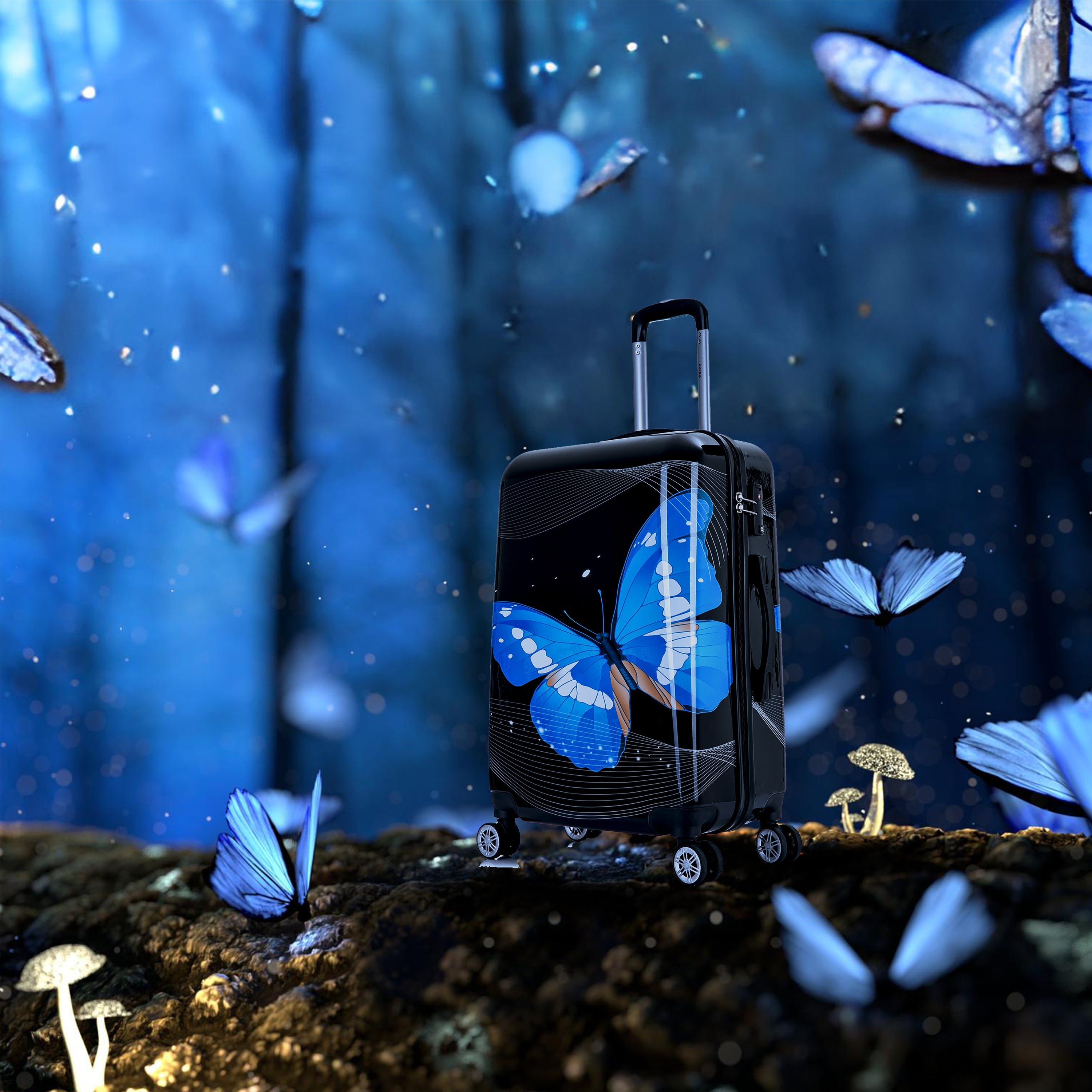 Black suitcase with blue butterfly design on a mystical forest background