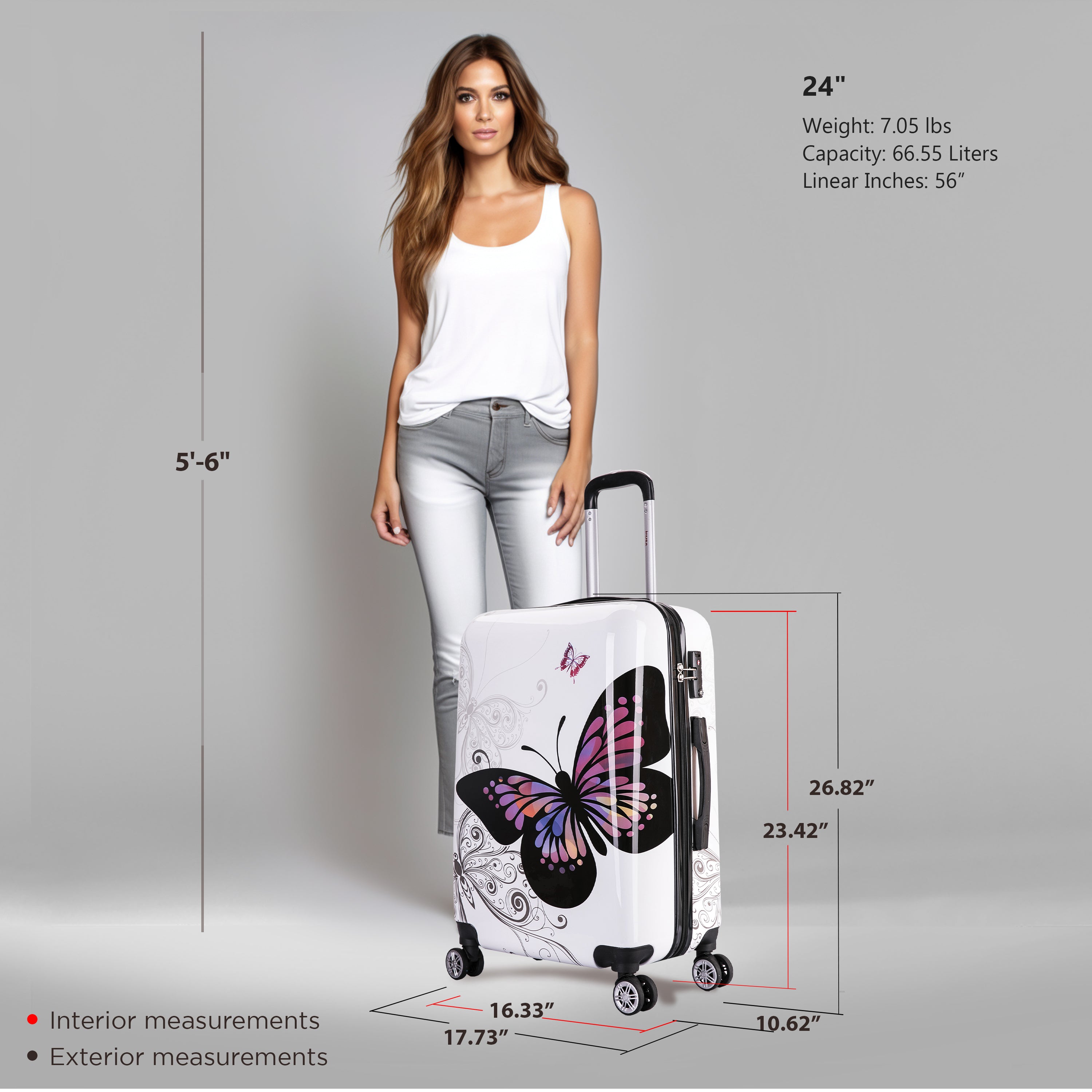 Woman standing next to a suitcase with butterfly design, showing measurements and specifications.