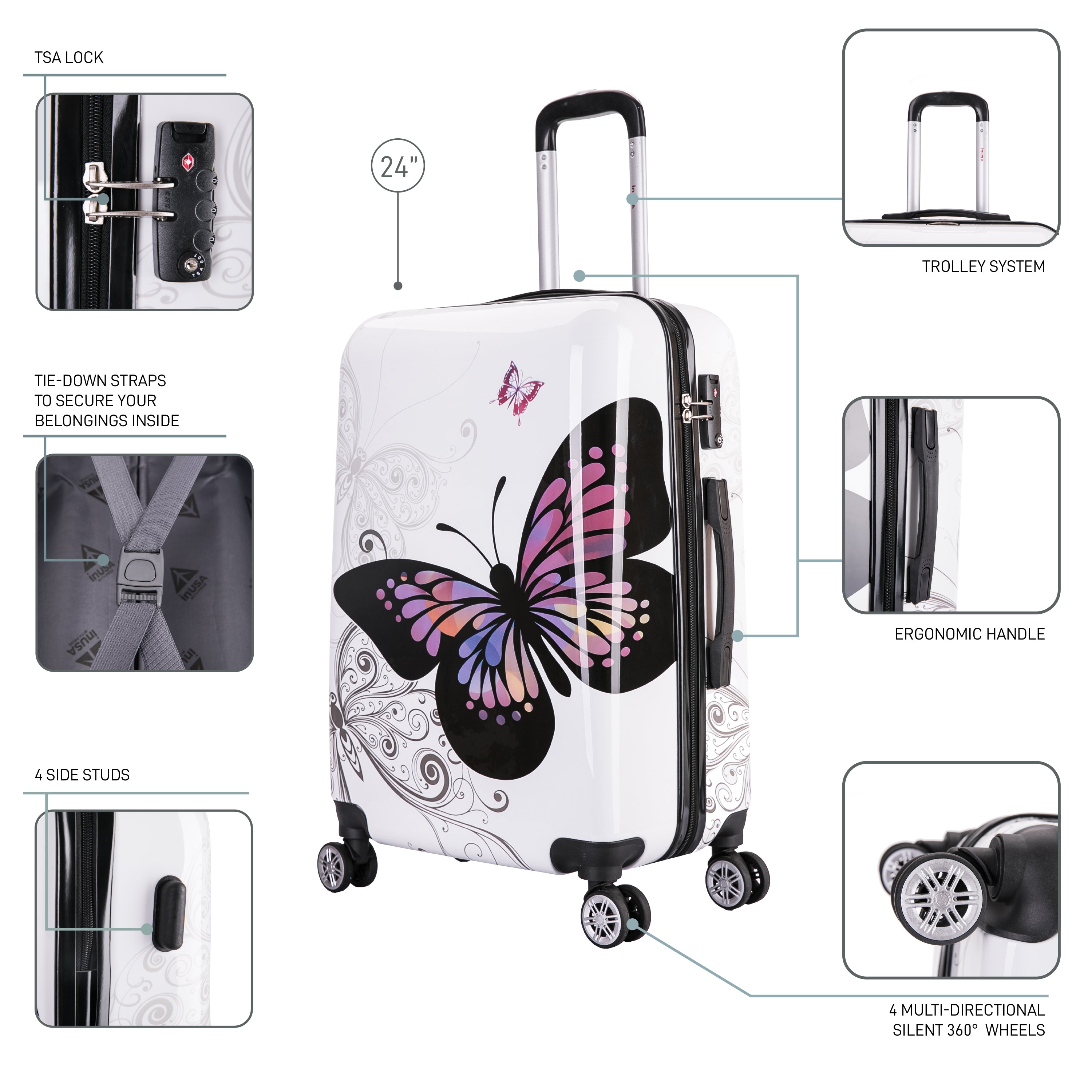 White suitcase with butterfly design, featuring various compartments and features on a white background.