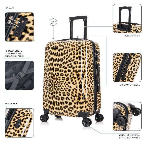 Leopard print suitcase with multiple features highlighted on a white background