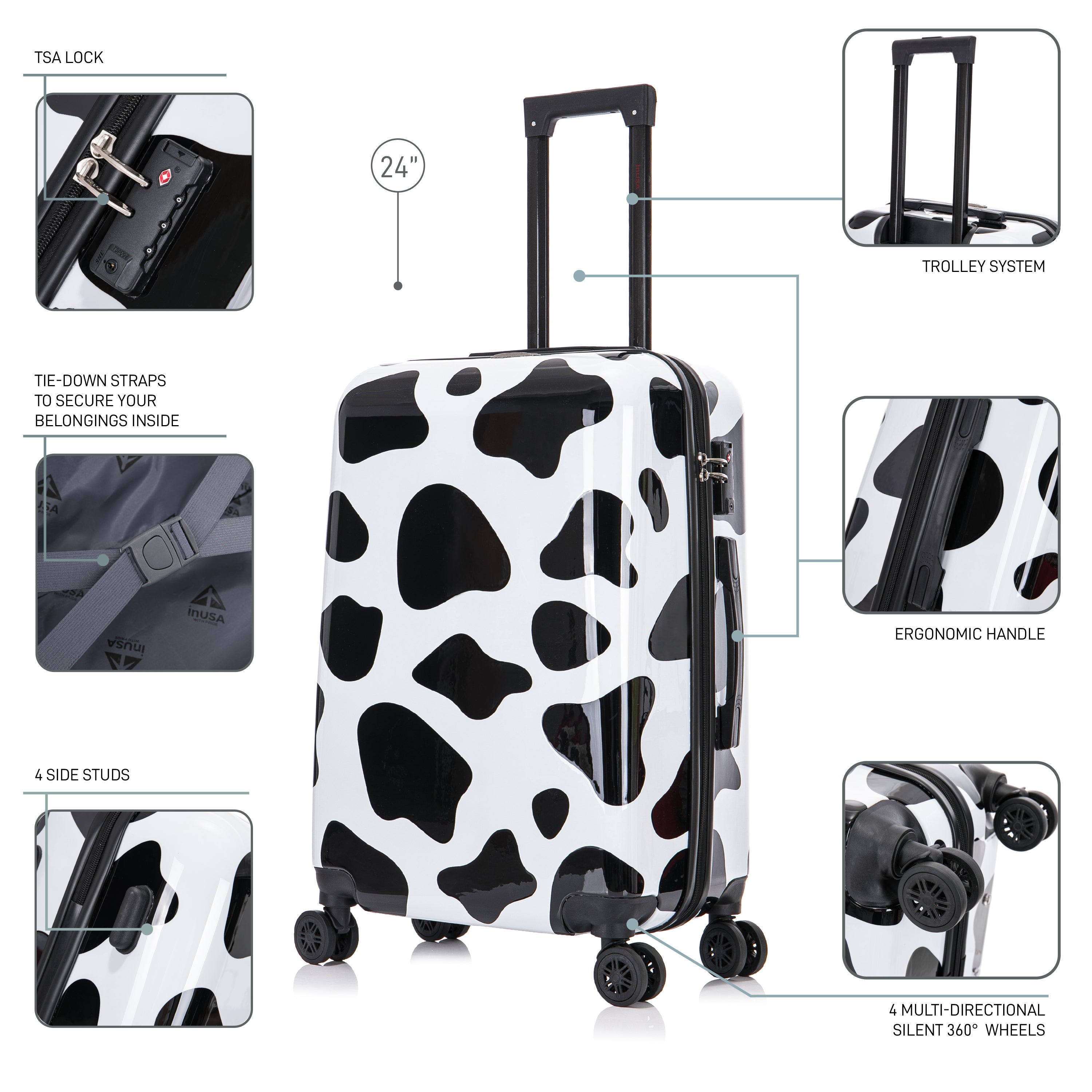 Cow print suitcase with feature highlights on a white background