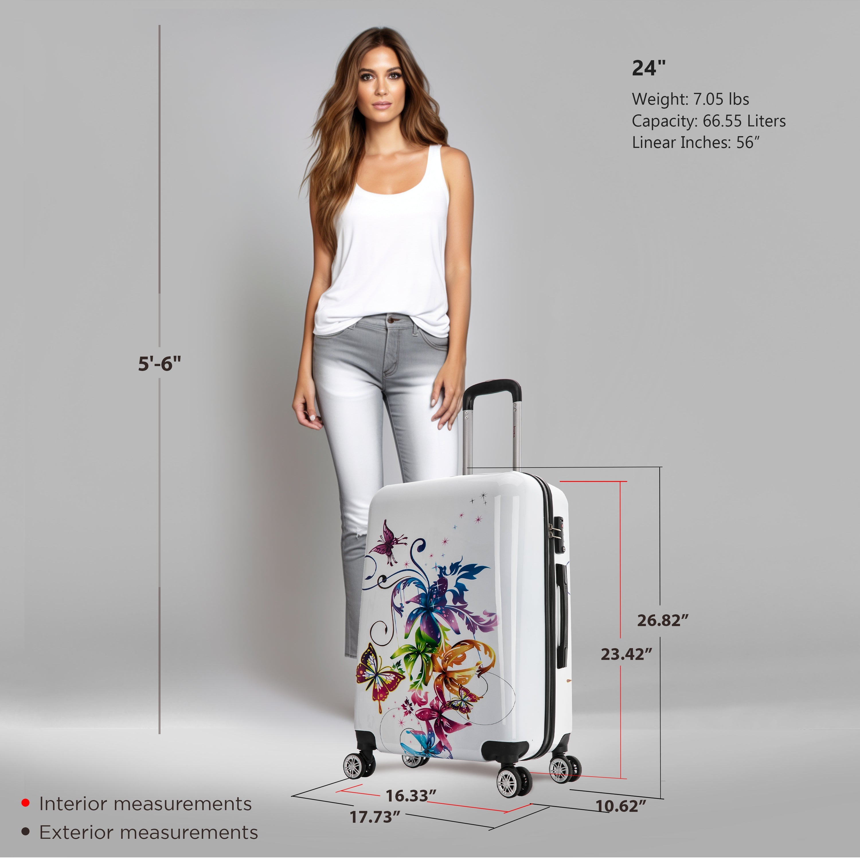 Woman standing next to a floral-patterned suitcase with measurements displayed.