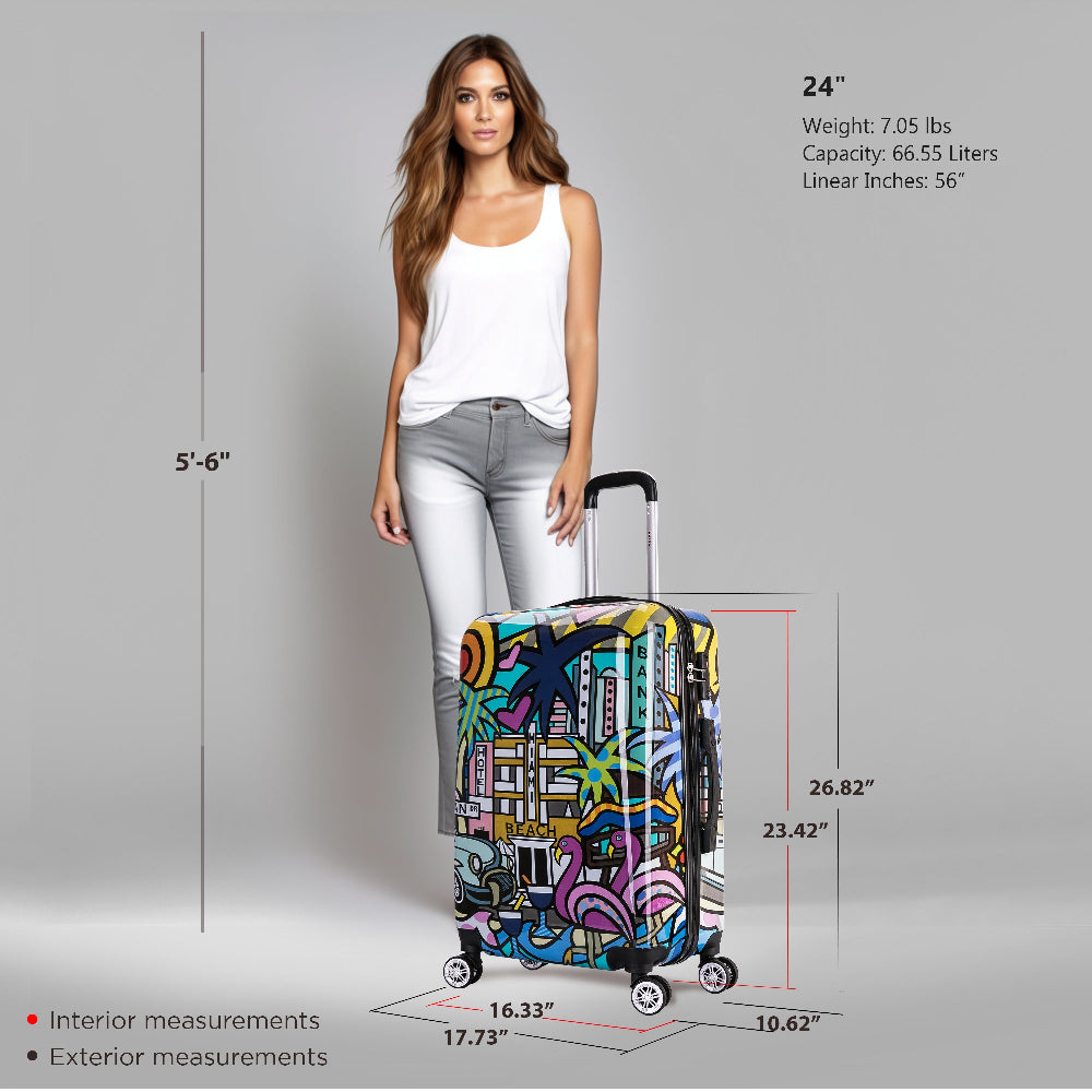 Woman standing next to a colorful suitcase with measurements displayed