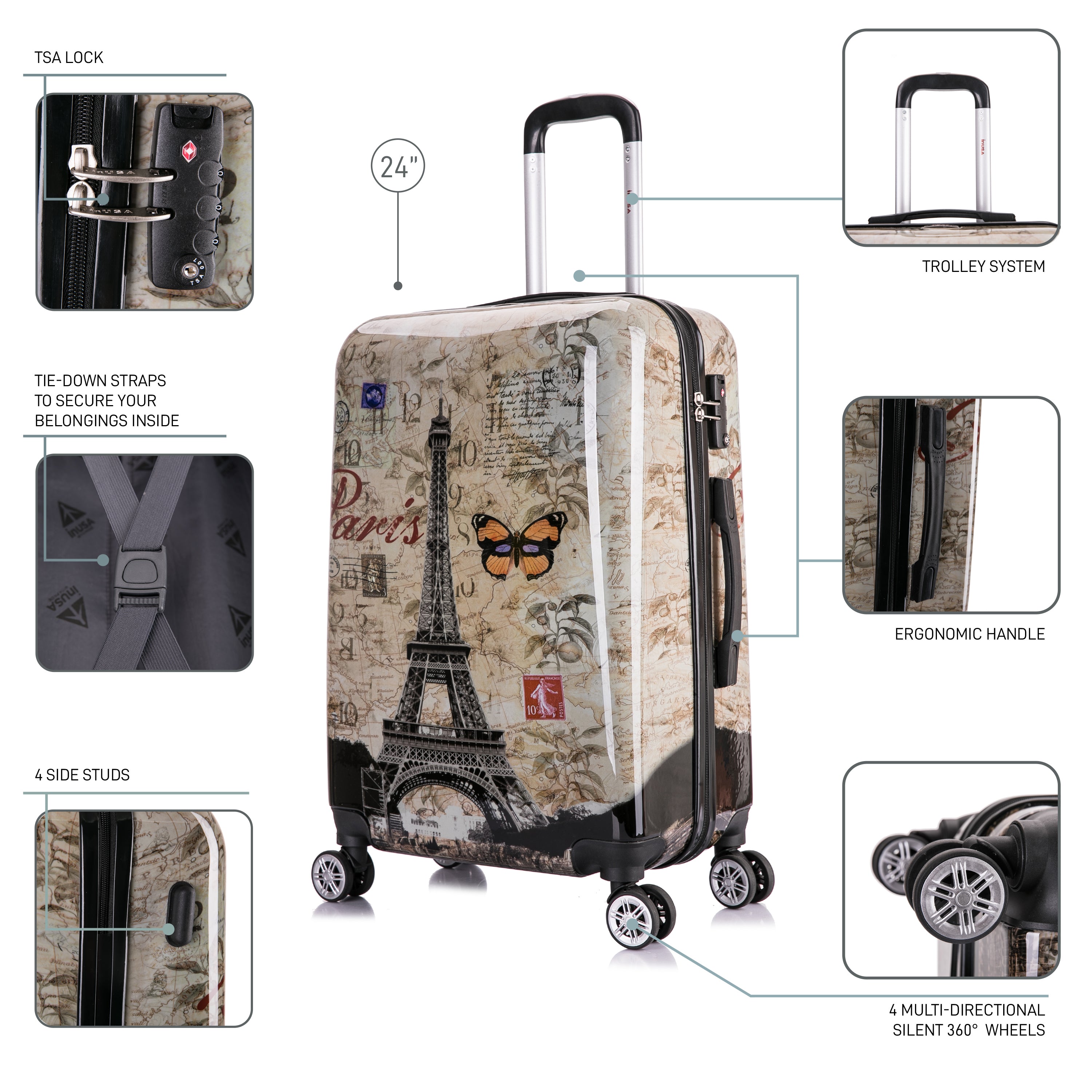 Travel suitcase with Paris-themed design and features highlighted