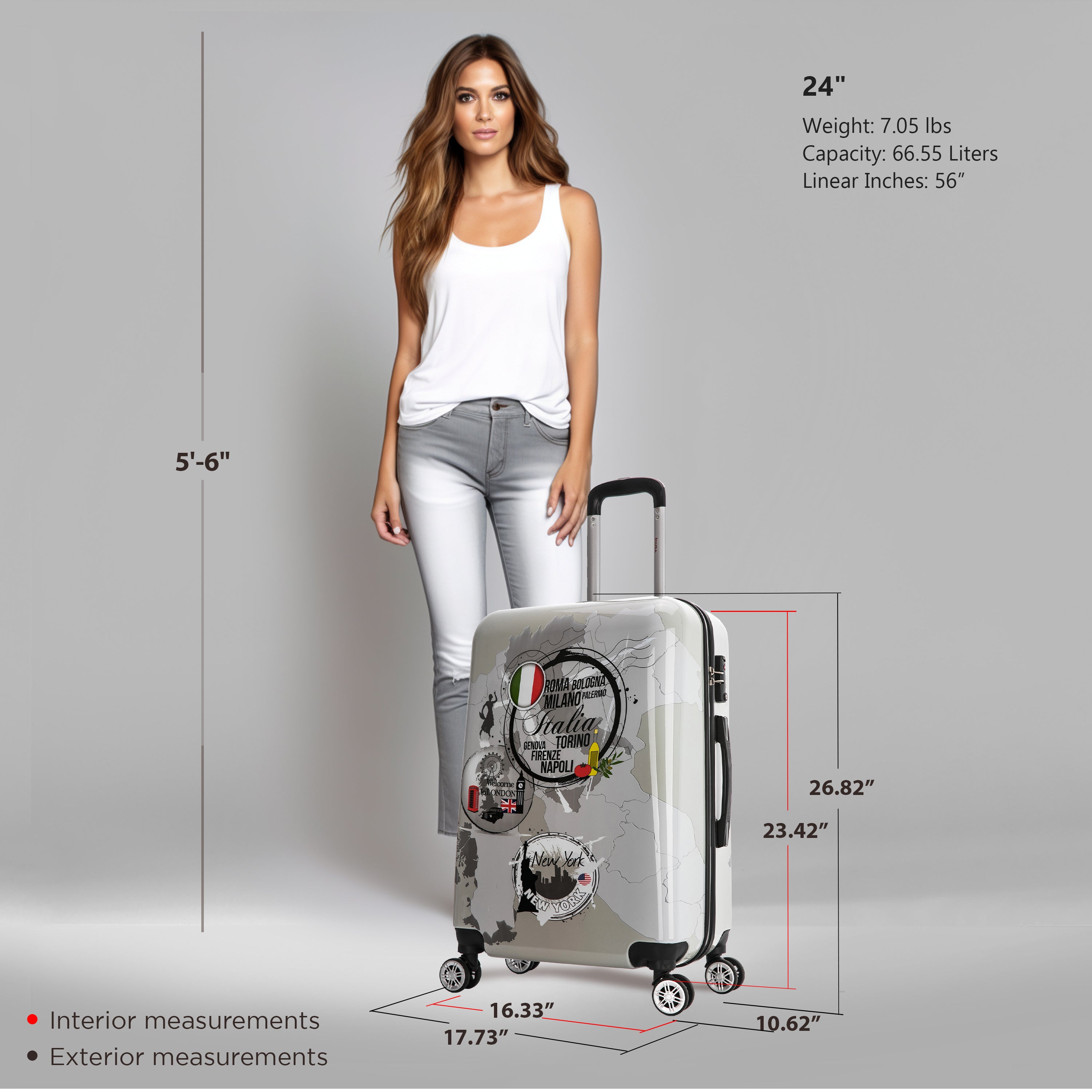 Woman standing next to a suitcase with measurements displayed