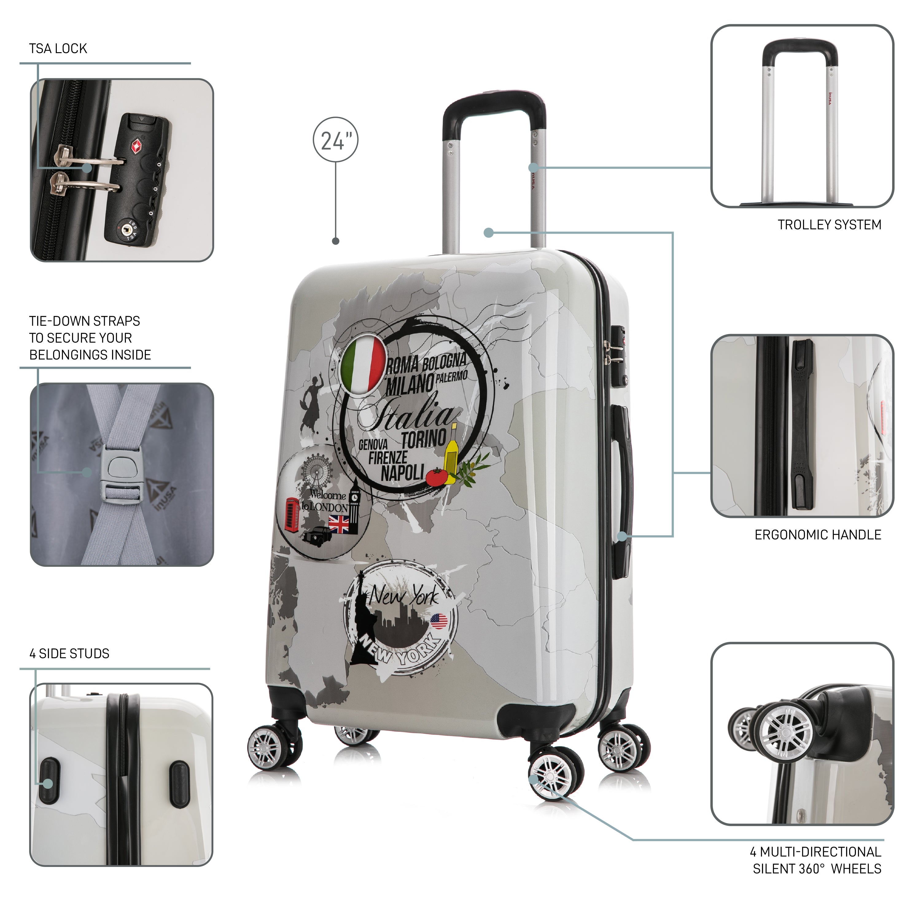 White suitcase with travel features highlighted on a white background