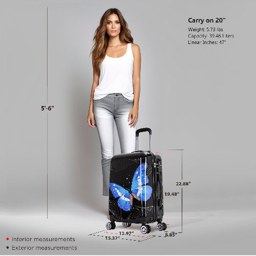 Woman standing next to a black suitcase with butterfly design, showing measurements and specifications.