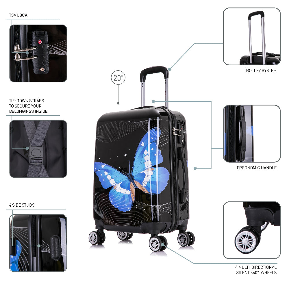 Black suitcase with butterfly design, featuring various components on a white background.