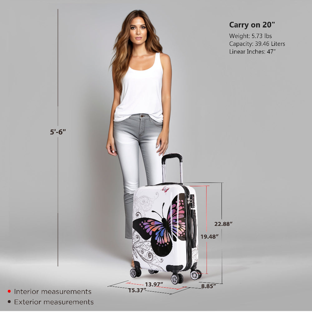 Woman standing next to a suitcase with butterfly design, showing measurements and specifications.