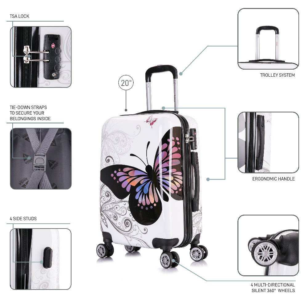 White suitcase with butterfly design, featuring various features on a white background