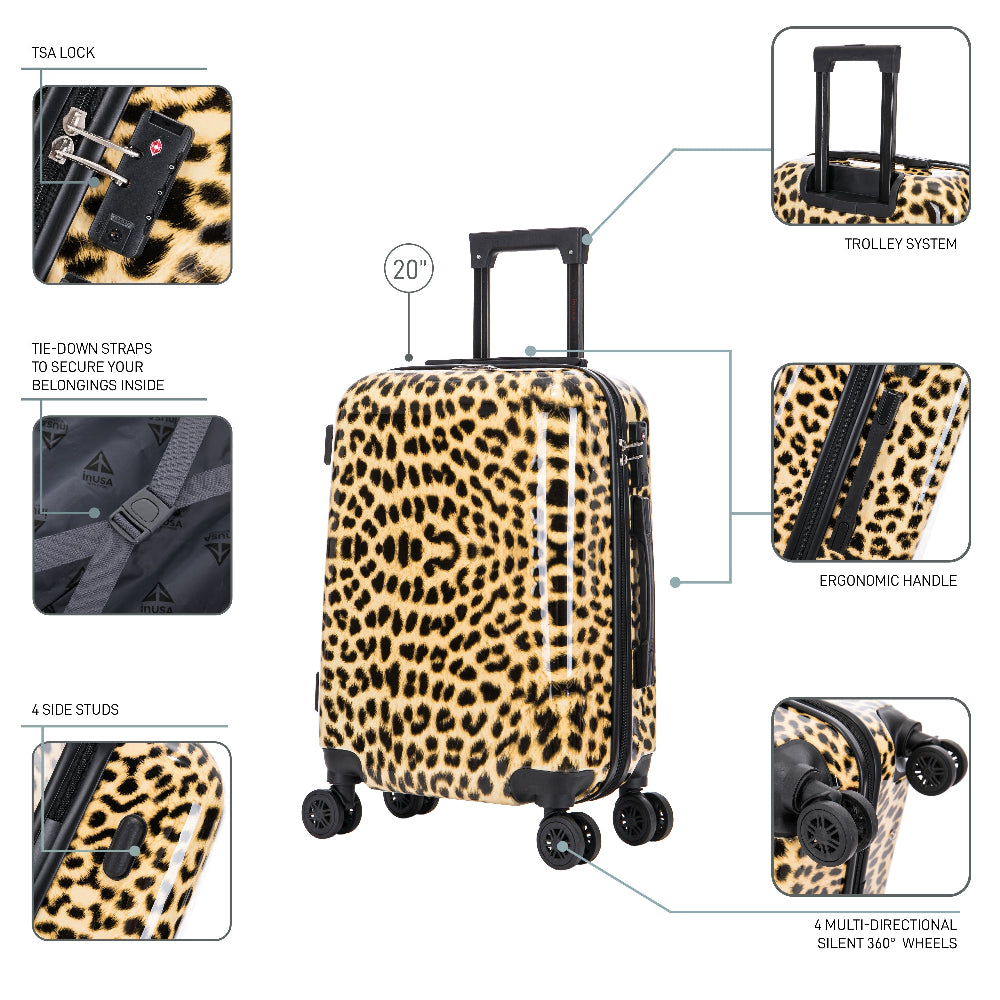 Leopard print suitcase with features highlighted on a white background