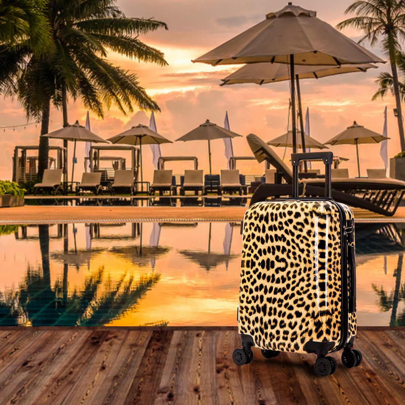 Leopard print suitcase by a poolside with palm trees and umbrellas at sunset.