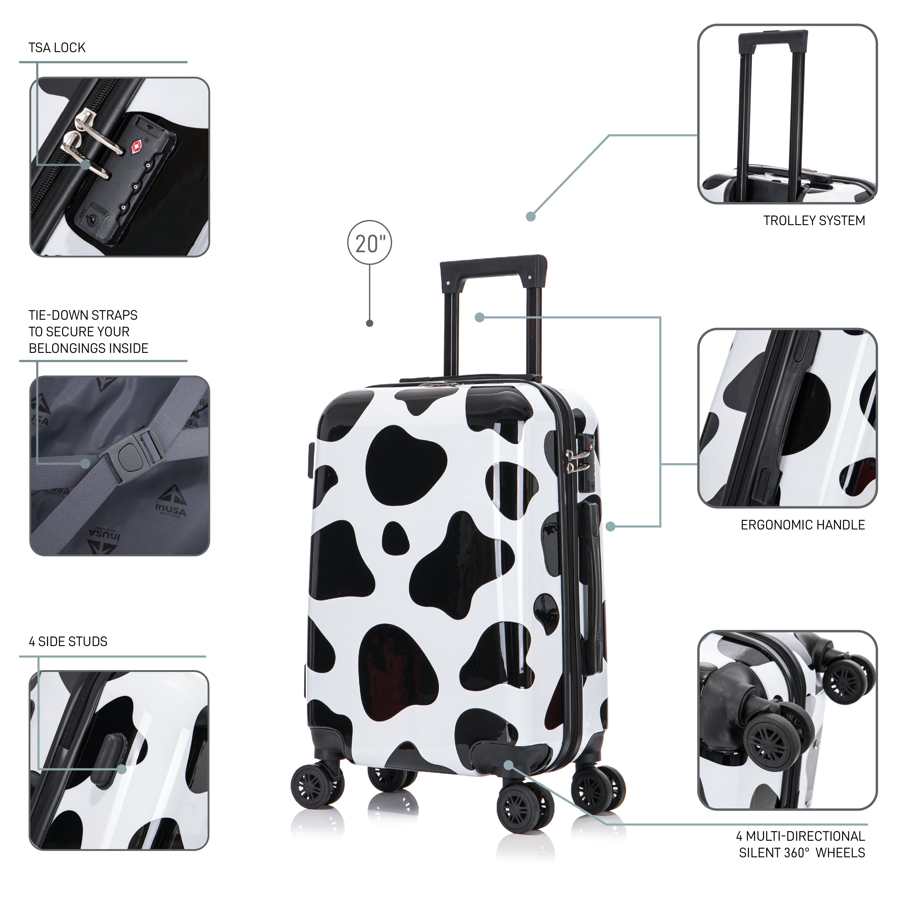 Black and white cow print suitcase with feature highlights on a white background