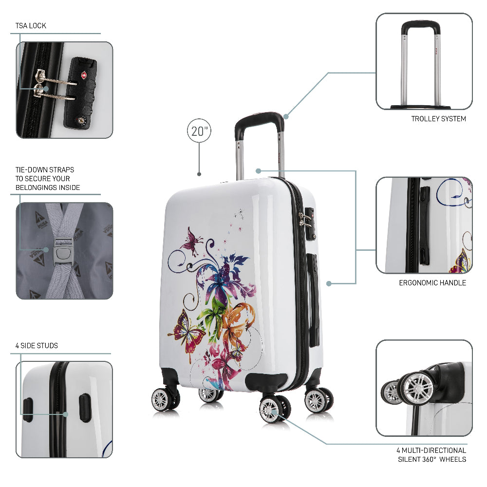 White suitcase with floral design and features highlighted on a white background