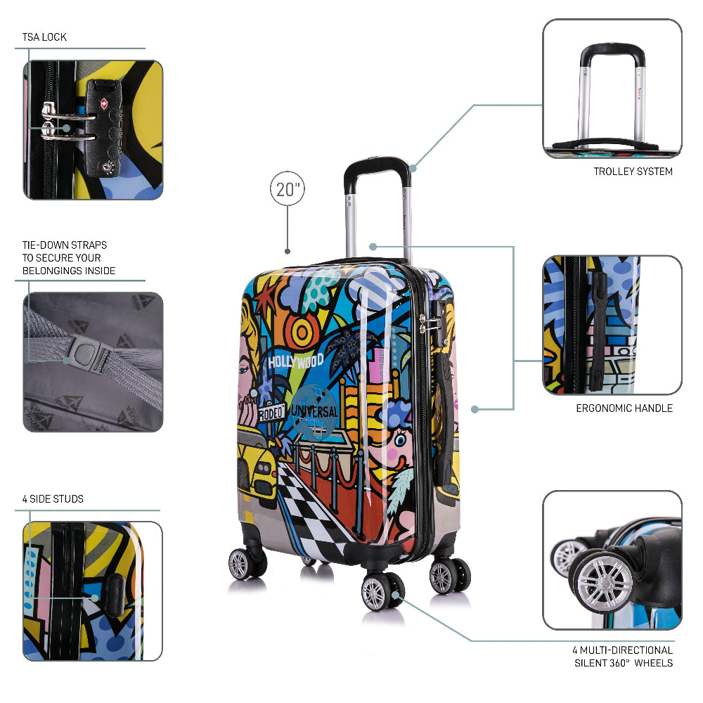 Colorful suitcase with features highlighted on a white background