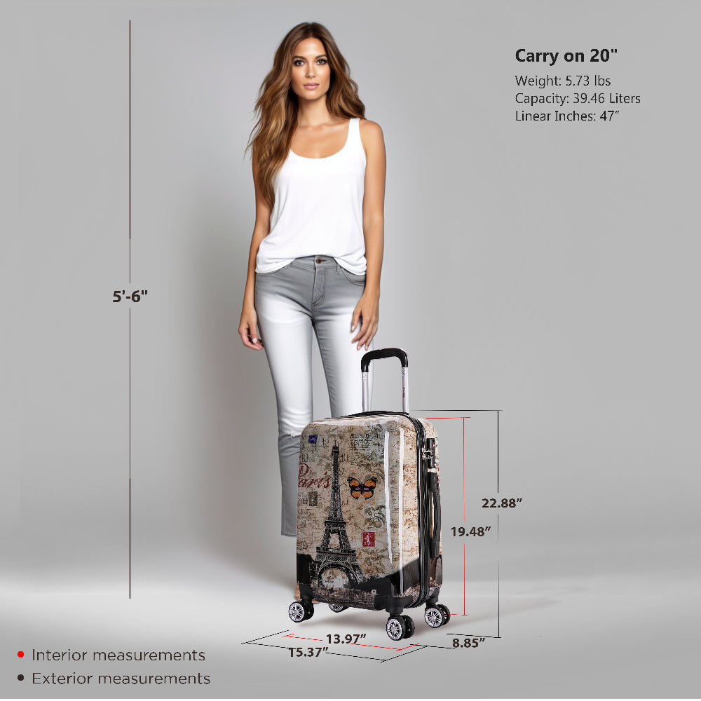 Woman holding a suitcase with measurements displayed on a gray background