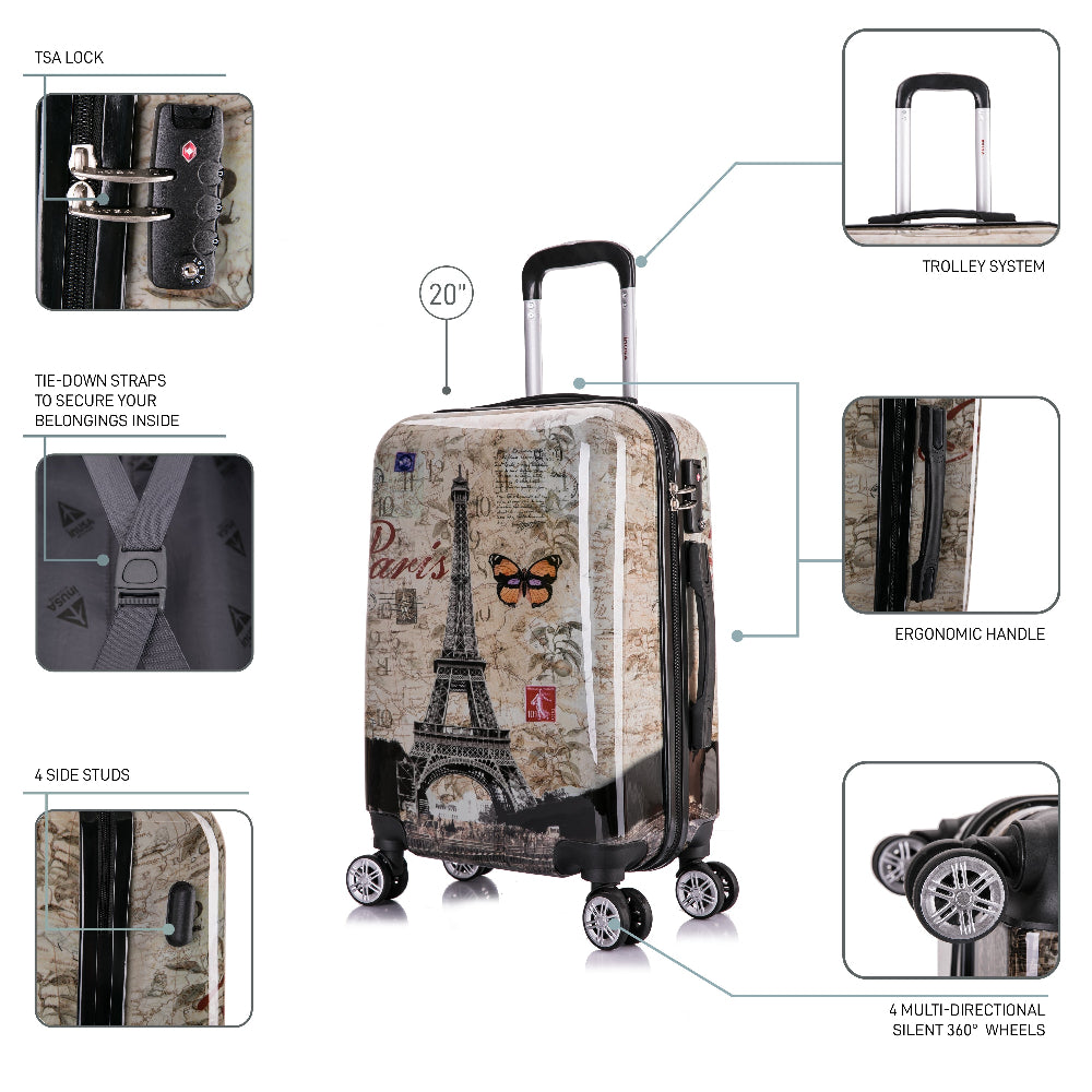 Luggage with Eiffel Tower design and features highlighted on a white background