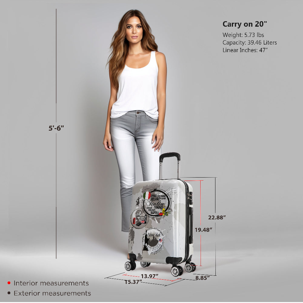 Woman standing next to a carry-on suitcase with measurements displayed