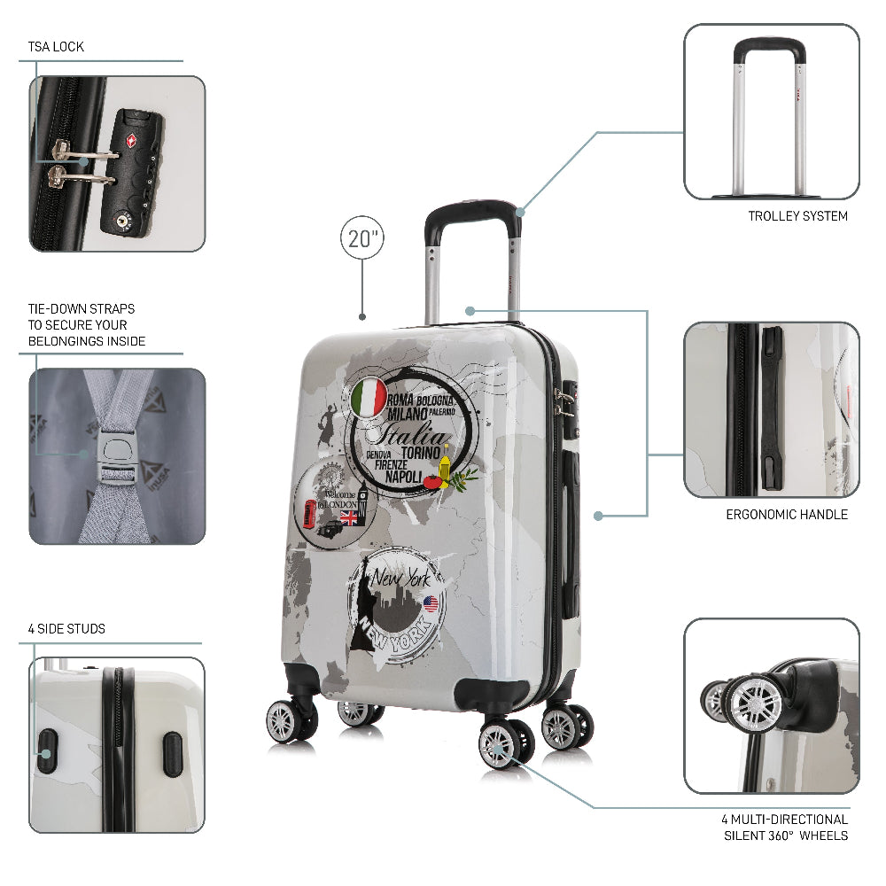 Luggage with features highlighted on a white background