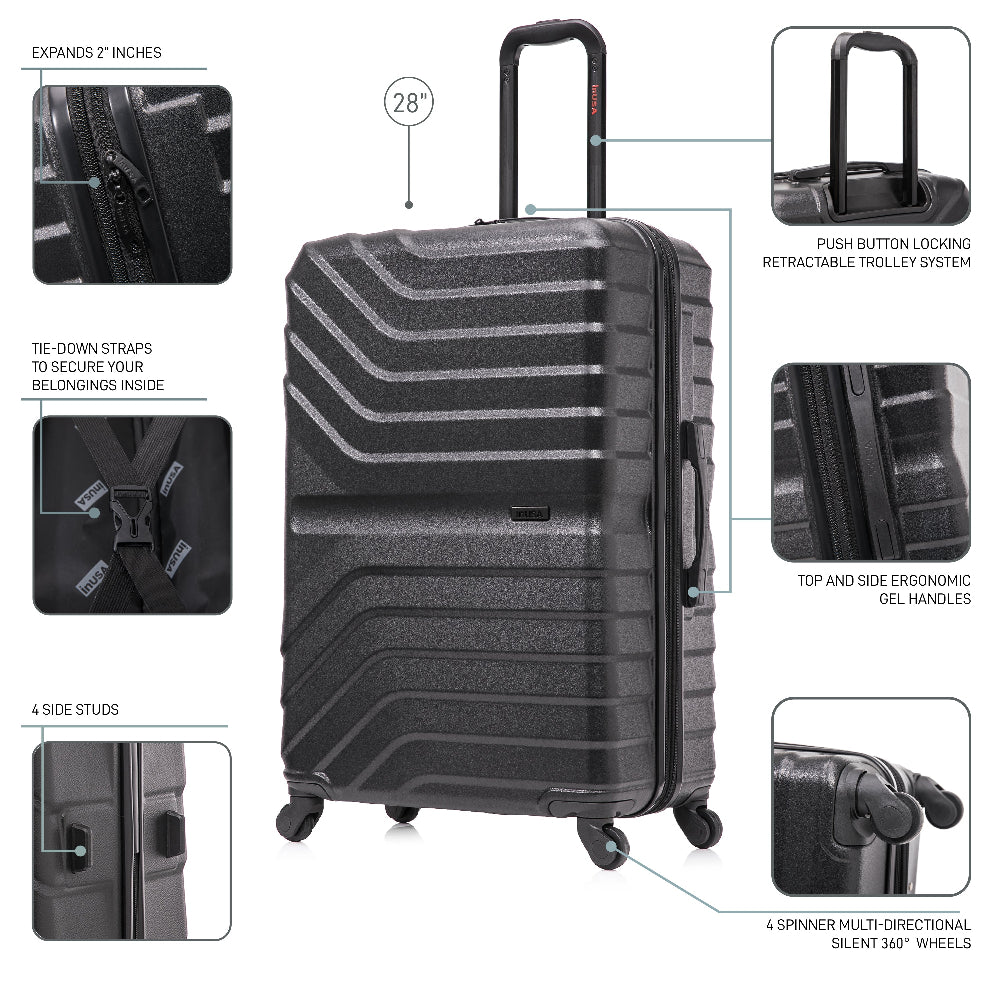 Black suitcase with multiple features highlighted on a white background