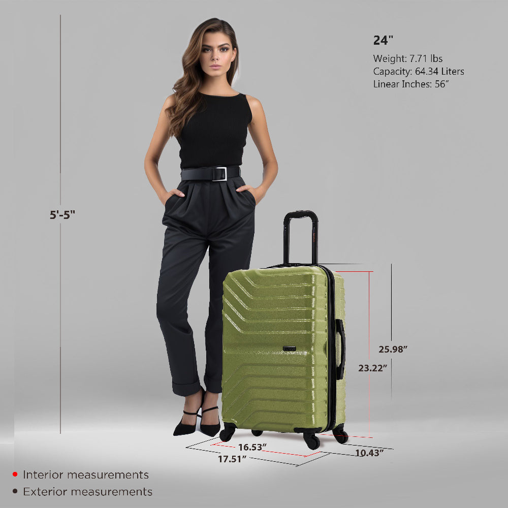 Woman standing next to a green suitcase with measurements displayed