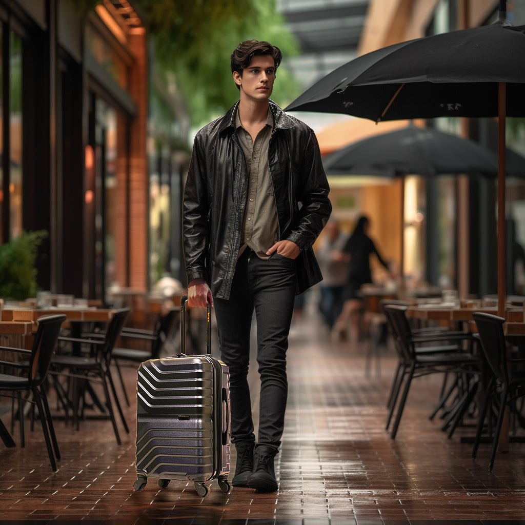 Man with a suitcase walking through an outdoor cafe area