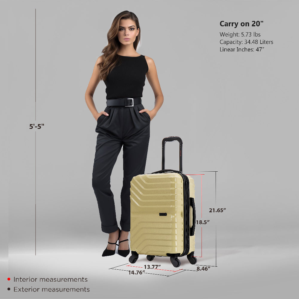 Woman standing next to a beige suitcase with measurements displayed