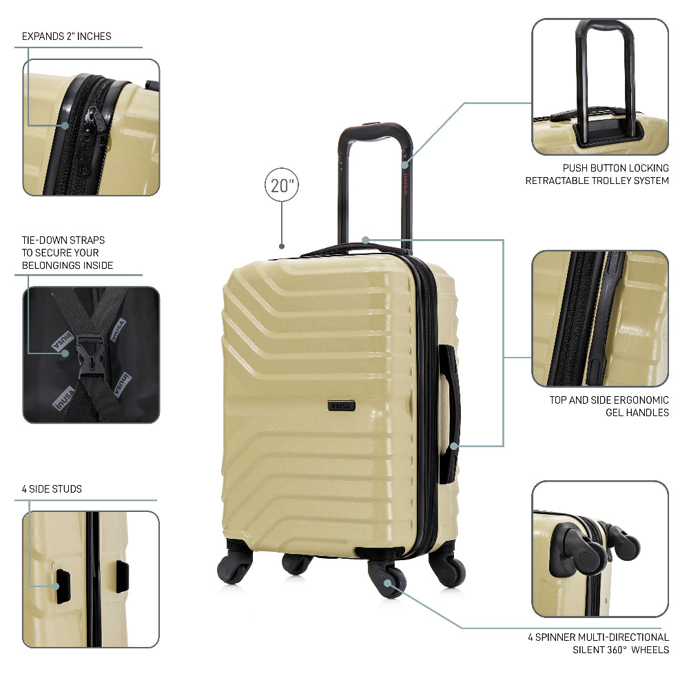 Beige suitcase with features highlighted on a white background