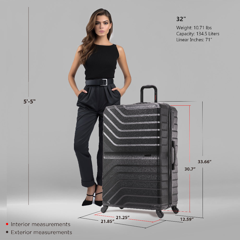 Woman standing next to a large suitcase with measurements displayed